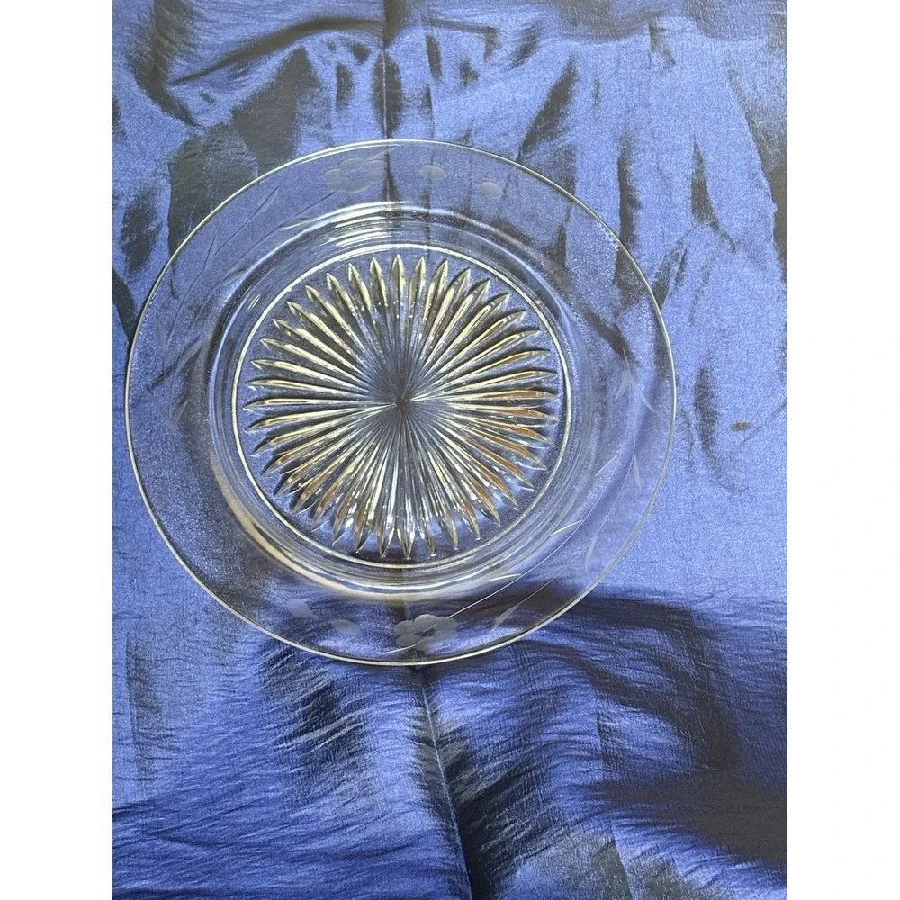 Vtg Elegant Clear Glass Plates Set 6 Etched Floral Rim Rays Starburst Center